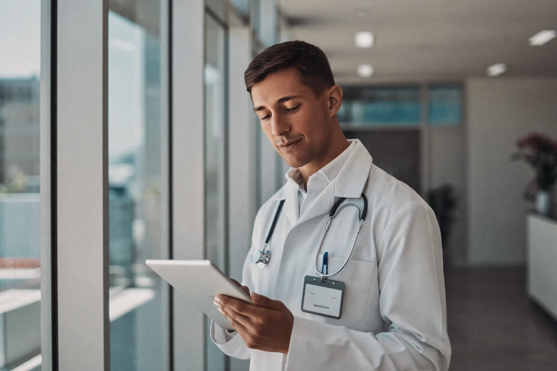 Médico no início de carreira conferindo o tablet em uma clínica